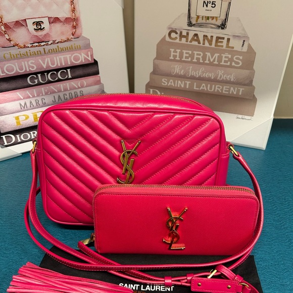 Bundle-Saint Laurent Pink Crossbody Chevron Leather Bag and Wallet - COA INLUDED - Picture 1 of 16
